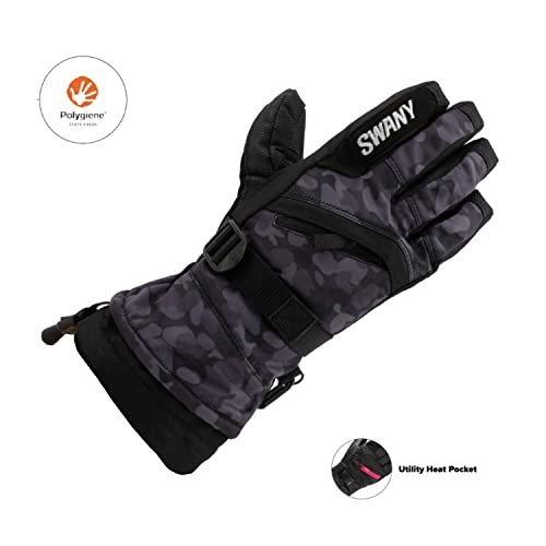 Swany Junior X-Over Insulated Warm Durable Pu Leather Palm Dryshell Winter Skiing Gloves, Black/Camo, M #TOP1