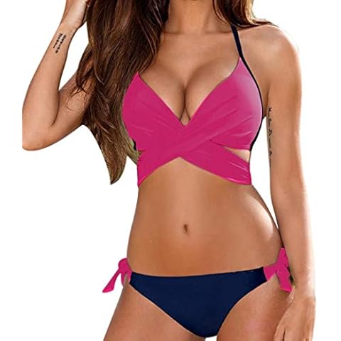 Yknktstc Womens Push Up Bandage Bikini Swimsuit Bathing Suit Swimwear X-Large Red Navy Cover
