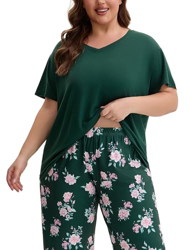 Image of Plus Size Pajamas for Women Set, Womens Plus Size Short Sleeve V Neck Capri Pants Pajama Sets with Pockets
