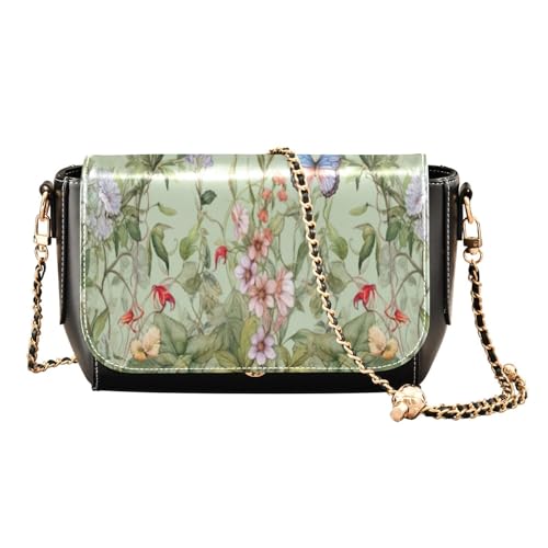 xigua Flower and Bird Green Leather Crossbody Bag for Women Small Handbag with Chain Strap, Flip-Top Crossbody Purse
