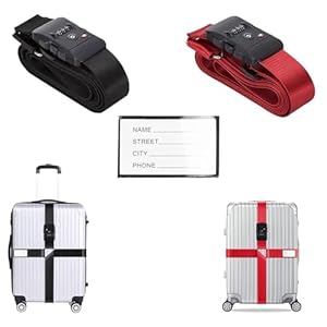 suitcase straps with lock 2 Pack lockable luggage straps 5 x 420cm luggage strap With Combination Lock & Name Tag, suitcase strap for 20-34 inch Suitcases, Quick Identification of Luggage
