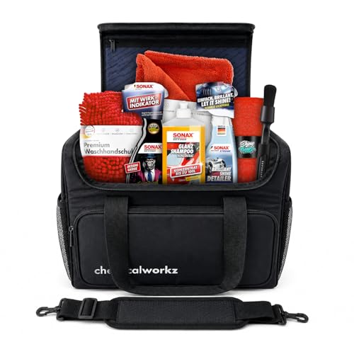 Autopflege Set 8teilig: SONAXGlanzShampoo FelgenBeast &BrilliantShineDetailer+ chemicalworkz Detailing Bag Aufbewahrungtasche + Zubehör - AutoWaschset für Außenpflege