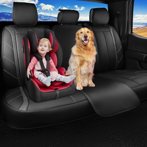 Image of CAR PASS Luxury Faux Leather Back Rear Seat Covers, Waterproof Anti Slip Carbon Fiber Seat Bench Cushion Breathable Sporty Backseat Row Protector Universal Fit for Sedans SUVs Vans Trucks,Solid Black