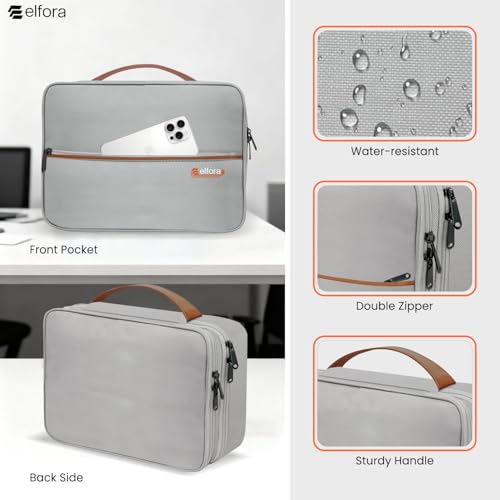 Image of Elfora Double Layer Gadget Organizer Bag | Travel Case for Cables, Charger, Power Bank, Hard Disk & Electronics Accessories | Portable Tech Storage Pouch with Mesh Pockets & Handle Carry Strap (Grey)