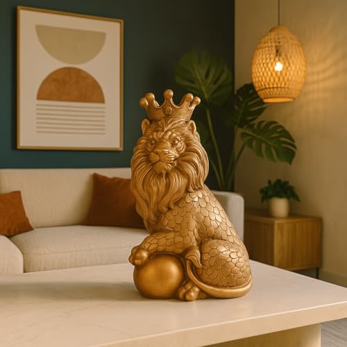 Image of Xtore Golden Lion Statue with Crown | Resin Home Decor Figurine | Luxury Animal Decor | Elegant Ornament for Living Room, Office, or Shelf | Regal Art Piece - Golden