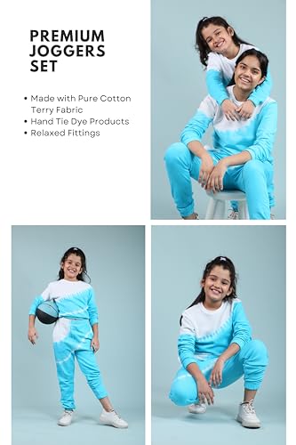 Image of Tweeny Mini Girls Kids Pure Cotton Terry Joggers Set | Tie Dye Co ord Set Winter Combo Outfit with Full Sleeves Sweatshirt and Pants | Relaxed and Comfortable Fittings