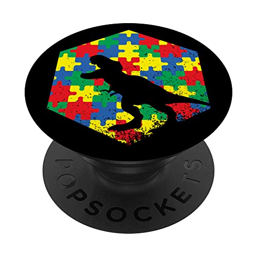 Autism Awareness Month Dinosaur Advocate Support Acceptance PopSockets Adhesive PopGrip, Black