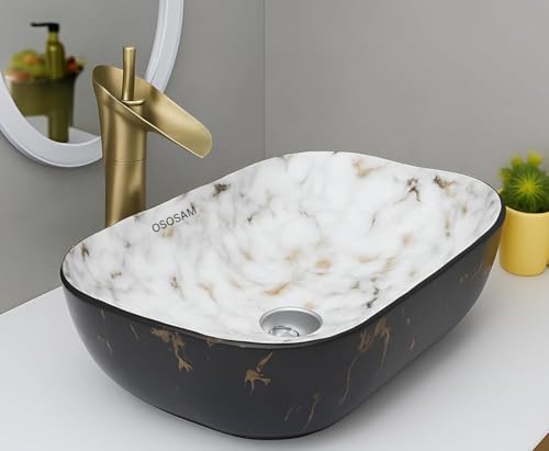 Image of OSOSAM Premium Designer Table Top Ceramic Wash Basin /Vessel Sink with Slim Rim for Bathroom (18 x 13 x 5.5 Inch) (OS-Double Color-157)
