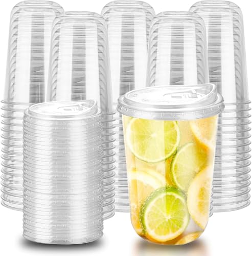 KAHEIGN 50 Pièces Gobelets en Plastique Transparent avec Couvercles, 480ml Gobelet à Café en Plastique Réutilisable Verres Élégants pour Glacé Café...