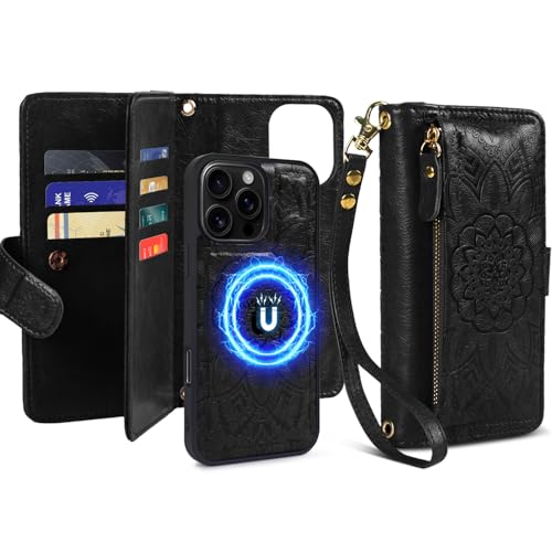 Harryshell for iPhone 15 Pro Max Detachable Magnetic Case Wallet,Compatible with Magsafe Wireless Charging, [ RFID Blocking ] Card Slots, Cash Zipper Pocket Wrist Strap (Floral Black)