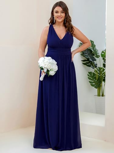 Image of Ever-Pretty V Neck Sleeveless Pleated Chiffon Maxi Plus Size Formal Dress for Women Bridesmaid Dresses 09016-DA