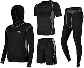 GRECERELLE Herren 4-teiliges Sport-Laufset, ultimatives Leistungs-Equipment für Laufen & Fitness - Kurzarm-Top, Shorts, Kompressionsstrumpfhose und Kapuzenpullover.