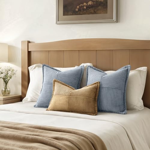 Image of MIULEE Decorative Throw Pillow Covers for Couch Bed Livingroom 20x20 Inch Set of 2 Dustyblue Boho Accent Throw Pllows Broadside Striped Patchwork Soft Corduroy Pillowcases