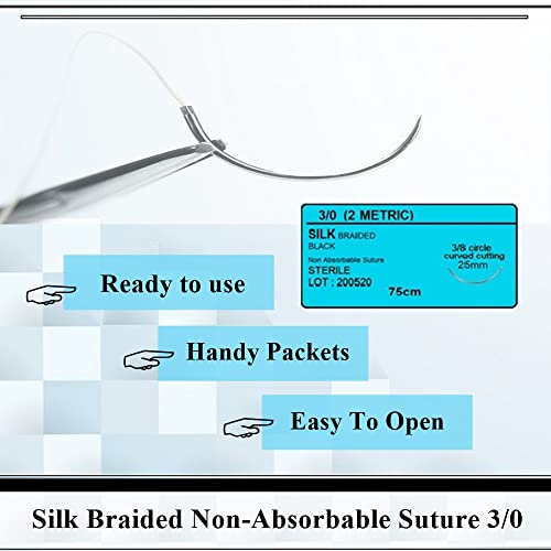 HTI Training Suture Thread 3-0 Silk Sterile with Needle Box of 12 Pcs for Nursing Student Training Kit RN, EMT, Vet Demo