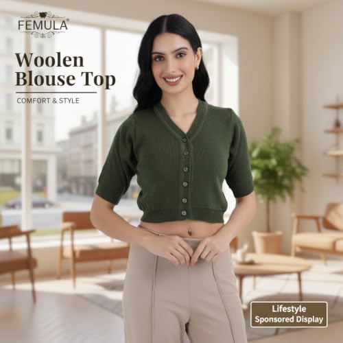 Image of Women Winter Wear V-Neck Half Sleeves Regular Fit Woollen Blouse