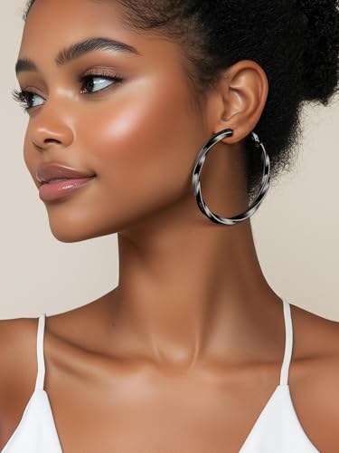 Image of Stainless Steel Chunky Hoop Earrings For Women, Minimalist and Chic, Black /Gold Plated, Round Hoops Earrings Hypoallergenic, Size: 30mm /40mm /60mm /80mm, Come with Box