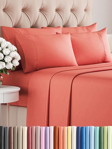 Image of Queen 6 Piece Bed Sheet Set - Comfy, Breathable & Cooling Sheets - Coral | Ultra-Soft Hotel Luxury Bedding Set w / 8-16 Inch Deep Pockets, 1 Flat & 1 Fitted Sheet & 4 Pillowcases, Wrinkle & Fade Free