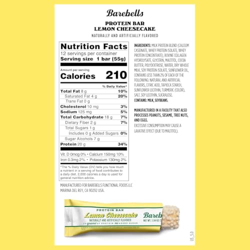 Image of Barebells Protein Bars Lemon Cheesecake - Pack of 12, 20g High Protein Treats - Chocolate Nutrition Bar with 1g Total Sugars - On-The-Go Breakfast or Post-Workout Snack (Pack of 2)