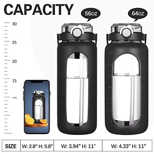 Bluego 64Oz Motivational Water Bottles With Straw Time Marker Half Gallon, Large Big Glass Water Jug With Silicone Sleeve For Gym, Sports, Workout, Daily Black #TOP4