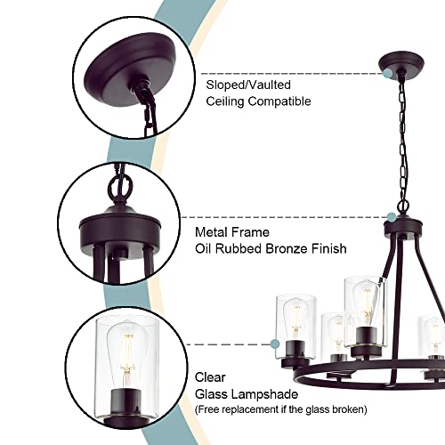Winshen Farmhouse Dining Room Chandelier With Clear Glass Shades, Vintage Wagon Wheel Chandelier In Oil Rubbed Bronze Round Pendant Light Fixture For Kitchen Island Hallway #TOP6