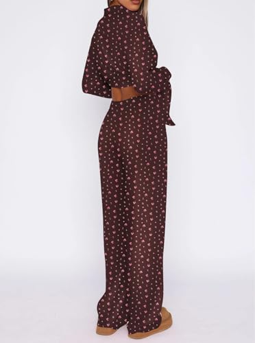 Image of Dressmine Ladies Long Sleeve Cute Pajama Sets 2 Piece Fall Outfits Button Up Pjs Set Loungewear