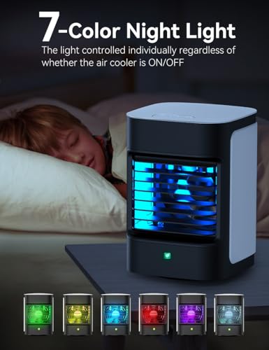 Image of Portable Air Conditioners, 3-IN-1 Mini Evaporative Air Cooler | Top-fill Tank, 3Speeds&3 Modes, 7H Cooling, 100 Oscillation, 7 Color Lights, Type-C Powered, Whisper-Quiet for Bedroom, Desk