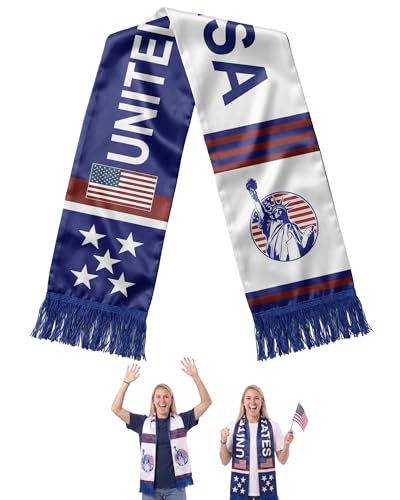 Kuqcy US Soccer Scarf 55.1x6.7 Inch Satin Double Sided Blue White with Tassels - Patriotic Flag Scarf for 2026 Soccer Fan Gear 4th of July Accessories Red White and Blue 250th Independence Day