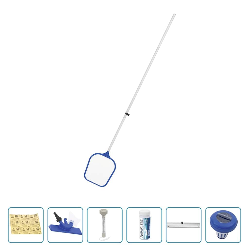 Kit Entretien Piscine Hors Sol Bestway Flowclear avec aspirateur, épuisette, Flotteur Chimique, thermomètre, bandelettes Test, Manche télescopique Aluminium pour Nettoyage et Traitement Eau