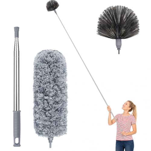 Image of Cobweb Duster with Extension Pole 100 inches, Dusters for Cleaning with 2 Duster Heads, Washable Microfiber Feather Duster for Cleaning Ceiling Fan, High Ceiling, Blinds, Furniture & Cars