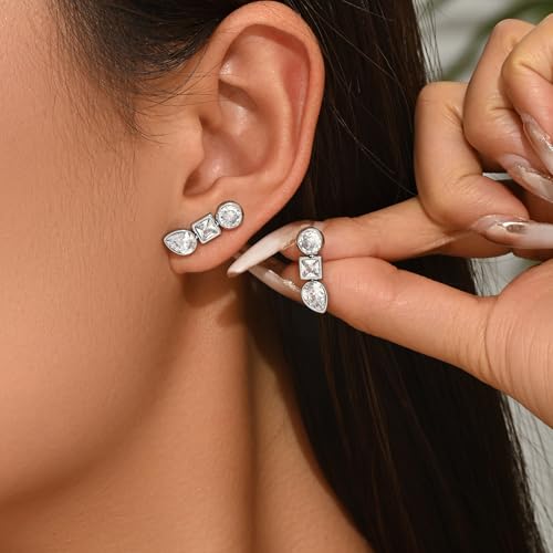 Mauzew Dangle Earrings for Women White Gold Long Cubic Zirconia Chain Drop Earrings Set Elegant Stainless Steel Ear Studs Prom Wedding Bridal Bridesmaid Jewelry Gifts by Mauzew - Image 2