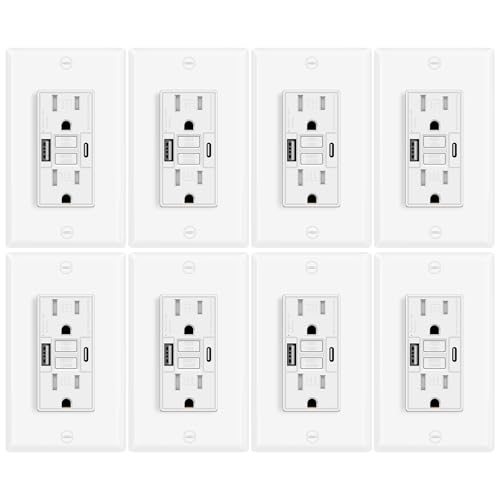 15A GFCI Outlet with USB A+C Ports (8 Pack) - Tamper-Resistant Self-Test GFI Electrical Outlet, ETL Listed, White