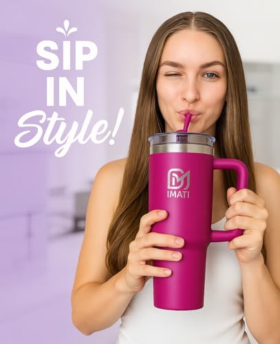 Image of IMATI 40oz Stainless Steel Insulated Tumbler with Side Handle & 2 Straws 2 Leakproof Lid Included - Double Wall Travel Mug for Warm & Cold Drinks Water Bottle for Gym Office Travel(Pink)