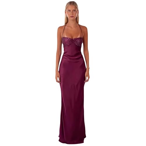 Women's Sexy Strapless Sequined Satin Solid Color Backless lace-up Slim