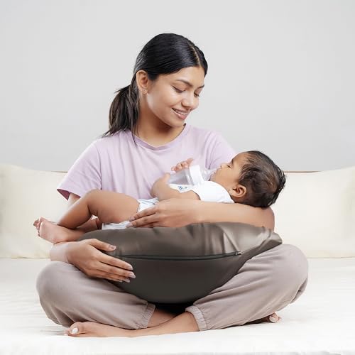 Image of Wakefit Feeding Pillow for New Born Baby | 3 Months Warranty | 5 in 1 Nursing Pillow with Belt and Hoop for Breastfeeding with Velvet Removable Cover | Charcoal Grey