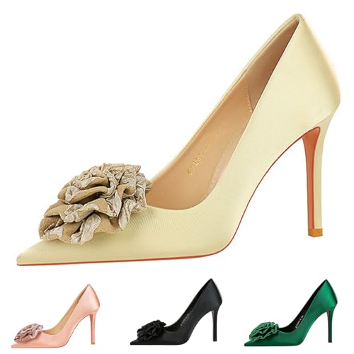 Women's Satin Flower Stiletto Heel Pumps Closed Pointed Toe Slip-on Stiletto High Heel Business Office Dress Shoes Elegant Bridal Party Wedding Shoes
