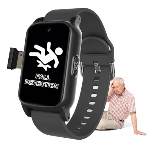VCYEX Montre Urgence Senior Dispositifs D'alerte De Chute pour Personnes Âgées Bouton SOS d'urgence Et Appel Vidéo HD Montre Connectée Senior pour AlzheimerBlack,1.25 * 0.57 * 2.22inch
