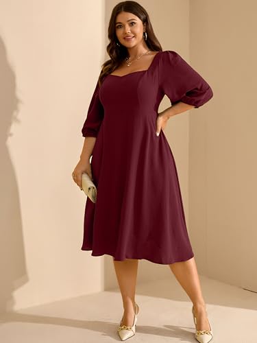 Image of RWJ Plus Size Dress for Women Fall 3 /4 Sleeve Sweetheart Neck Aline Casual Wedding Guest Formal Midi Dresses with Pockets
