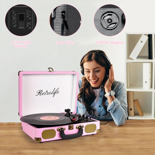 Image of Vinyl Record Player 3-Speed Bluetooth Suitcase Portable Belt-Driven Record Player with Built-in Speakers RCA Line Out AUX in Headphone Jack Vintage Turntable Pink
