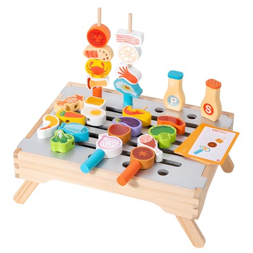 Conjunto de churrasco de madeira para crianças, acessórios de cozinha brinquedos, conjunto de grelha de churrasco de brinquedo contém um menu de 10 cartas, brinquedo de cozinha a partir de 3 anos