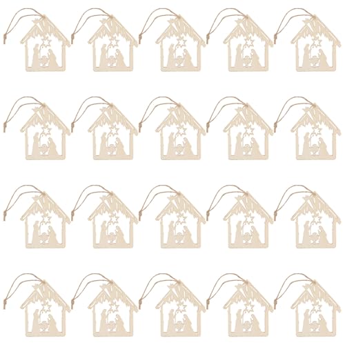 Image of Healifty Decor and Unique Creative Design Jesus Memorial Day 20pcs Wooden Wood Hanging Pendant with Rope, Khaki Multi-purpose Hanging Decoration Birth of Jesus for Outdoor Nativity