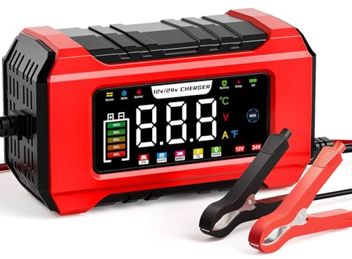 15-Amp Car Battery Charger, 12V/24V LiFePO4 & Lead-Acid (AGM/Gel/SLA) Trickle Charger, Smart 9-Stage Maintainer for Car, CRV, Marine, Lawn Mower with Temperature Compensation