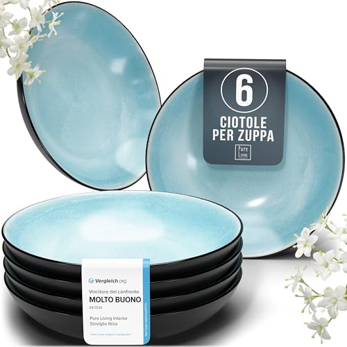 Set di 6 Piatti Fondi Moderni della Serie Ibiza, Eleganti Piatti per Pasta e Zuppe, Design Stiloso - Servizio Piatti per 6 Persone in Grès - Pure Living acquamarina