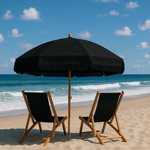Punchau 6 Ft Fringe Patio Umbrella - Outdoor Umbrella for Patio Pool Table Garden Deck & Beach - Push Button Tilt Pole - Fashionable Boho Vintage Tassels & Wood Print - Black & Black