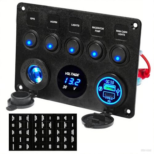 Upgraded 5 Gang Rocker Switch Panel - Type-C/QC 3.0 USB Digital Volmeter 12V Outlet Pre-Wired with Circuit Breakers for RV/Car/Boat/Truck 2-Year Warranty (Blue)