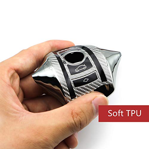 M.JVisun Soft Carbon Fiber Finish Car Key Fob Cover For BMW 1 Series 2 3 4 5 6 7 Series 5GT GT3 GT5 X1 X3 X4 M2 M3 M4 M5 M6 Electroplated TPU Case With Metal Keychain - Silver - Image 4