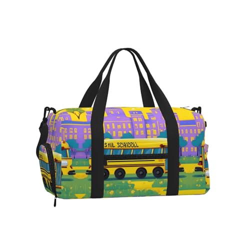 Bolsa de equipaje deportiva con estampado de autobús escolar, correa cruzada y asa de mano