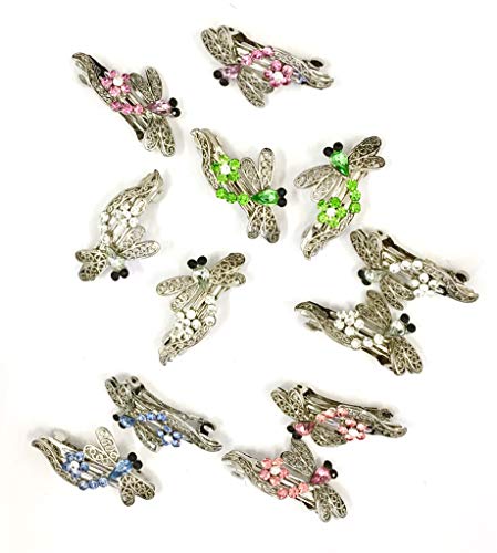 12 Pieces Set Dragonfly Style Crystal Barrette With Silver Color Metal Clip 5 Different Crystal Color