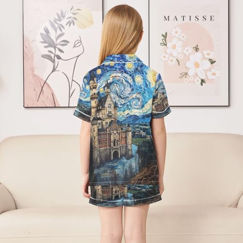 ALAZA Van Gogh Starry Sky European Castle Satin Pajamas Set Short Sleeve Button Down Sleepwear Summer Pjs 2 Piece4