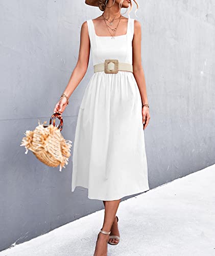Image of xxxiticat Women's Square Collar Casual Dress Sleeveless Pleated A-Line Summer Beach Boho Elegant Backless Midi Dress