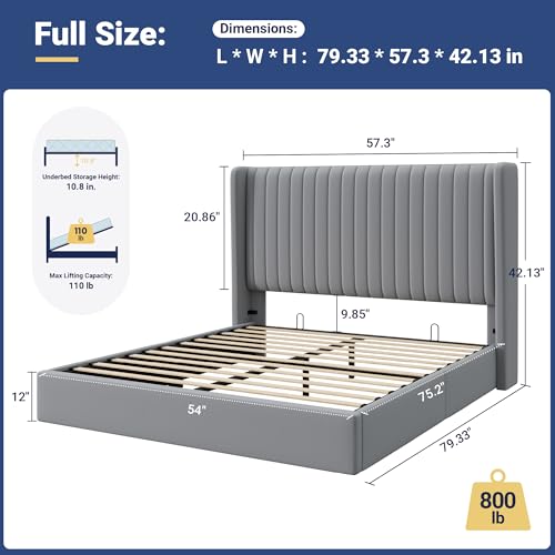 Image of Allewie Full Size Lift Up Storage Bed Frame Channel Tufted Headboard Grey